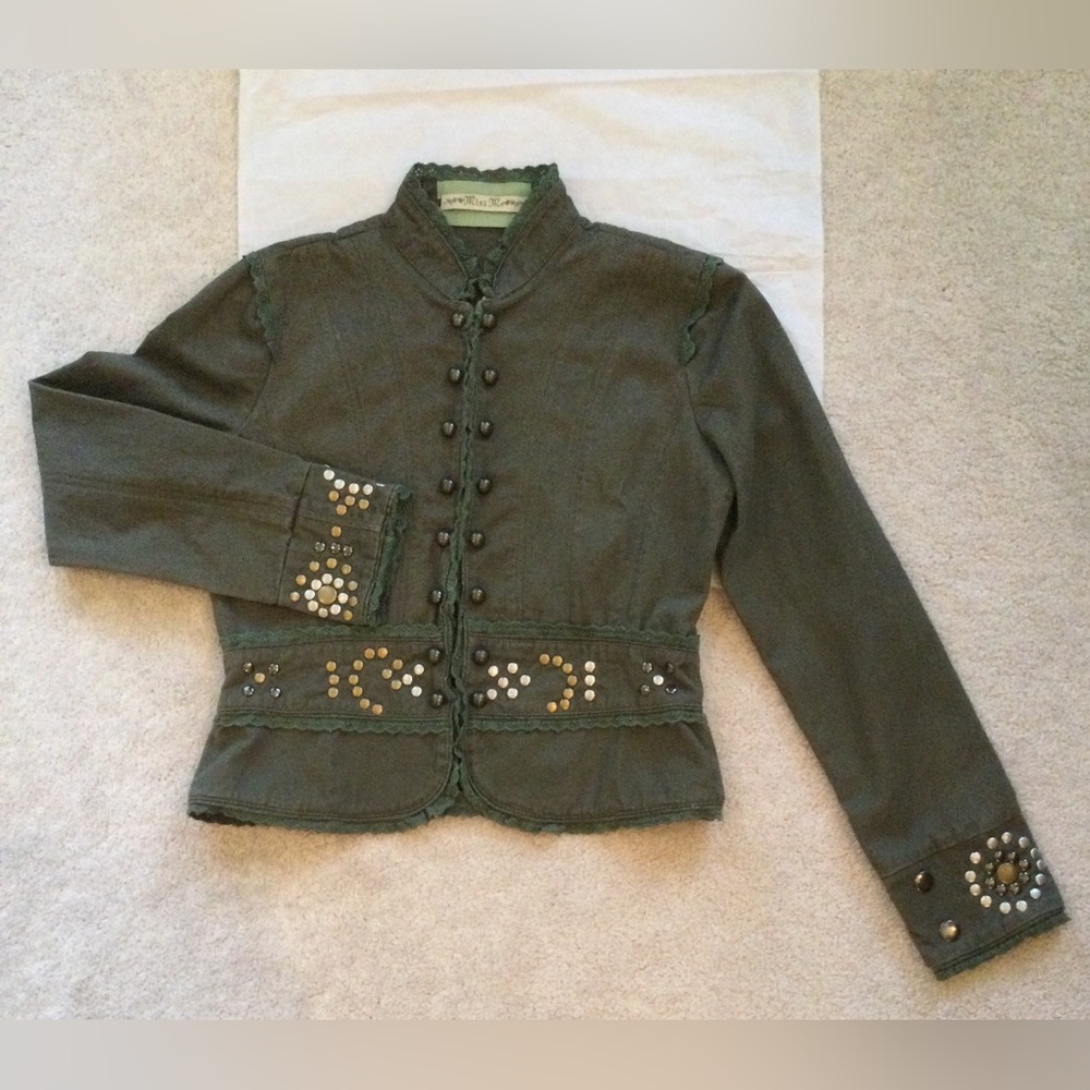 Miss Me. Size Large. ARMY GREEN, studded, Denim jacket. Like new. FREE SHIPPING